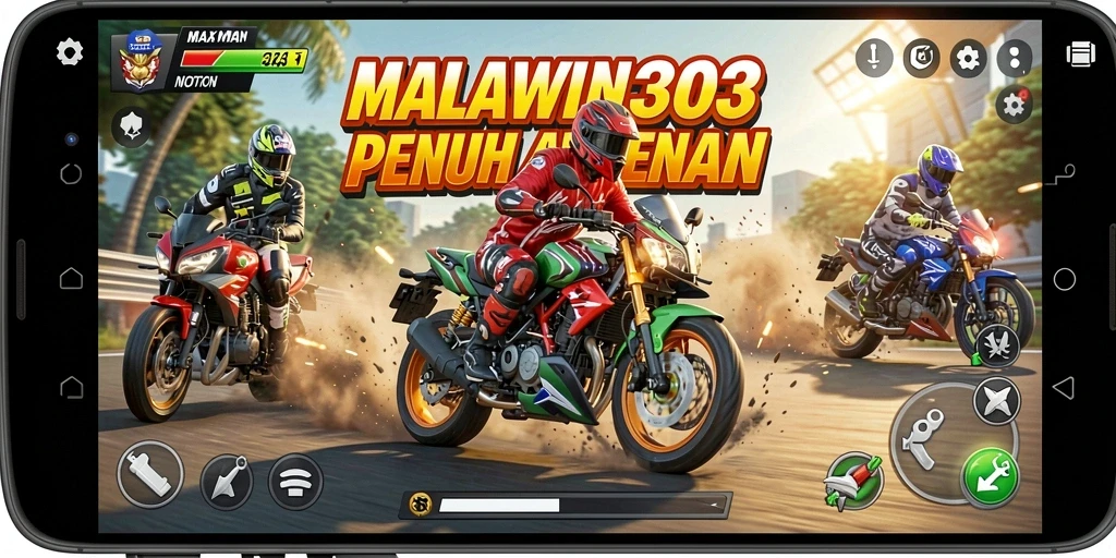 Screenshot utama MAXWIN303 yang menampilkan gameplay motor balap.