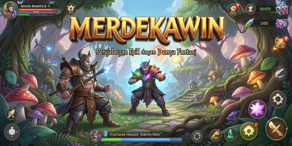 Screenshot menampilkan pertarungan seru di dunia RPG MERDEKAWIN.